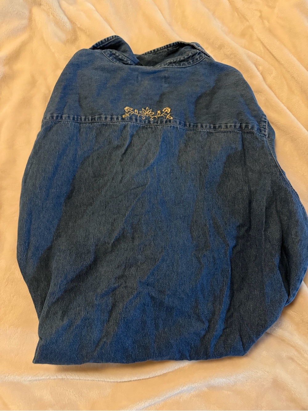 Dark Blue Denim Button-Up Shirt with Embroidered Back Detail